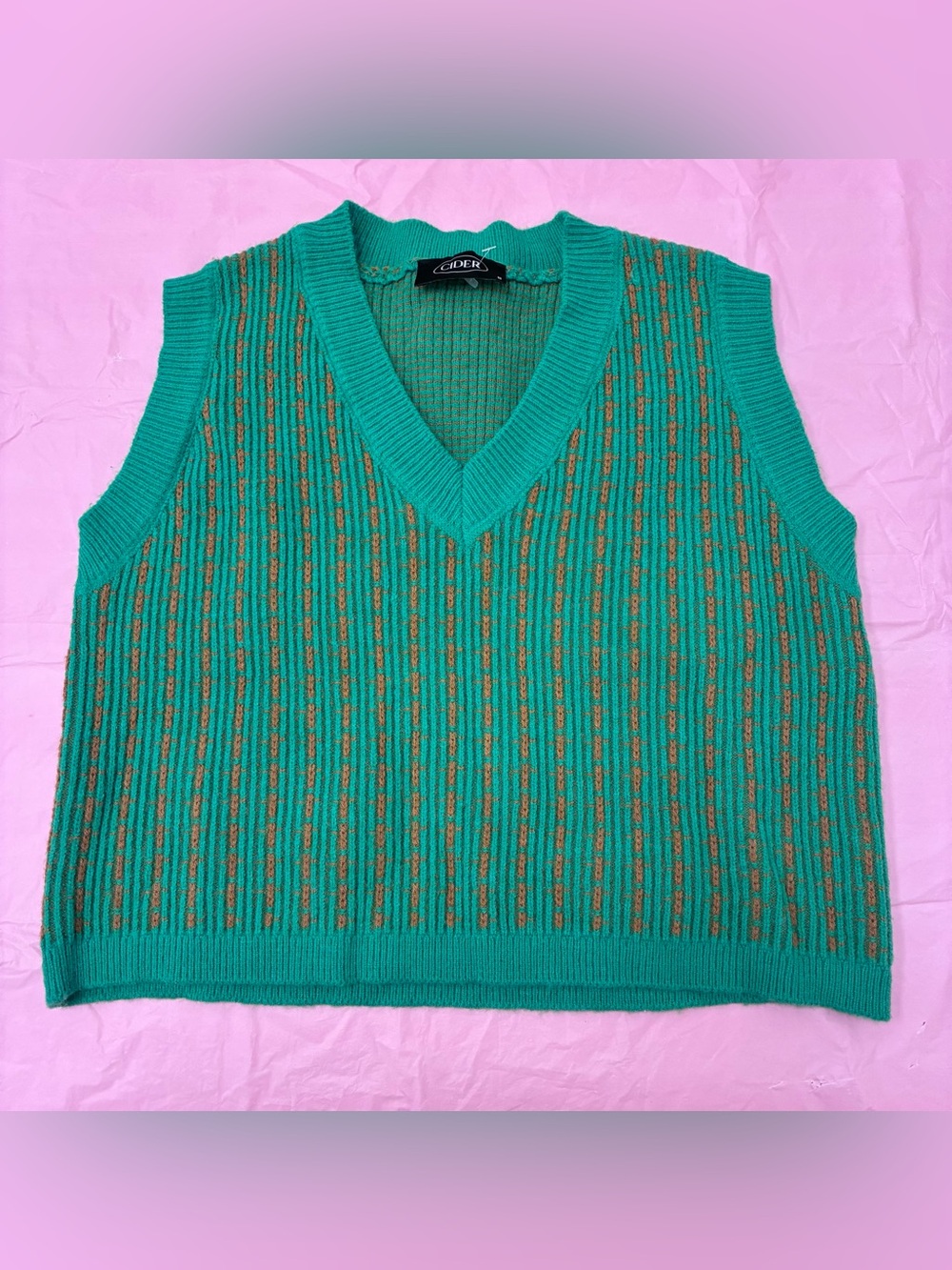 Cider Green Brown V-Neck Knit Sweater Vest Retro Pinup NWOT Sz S